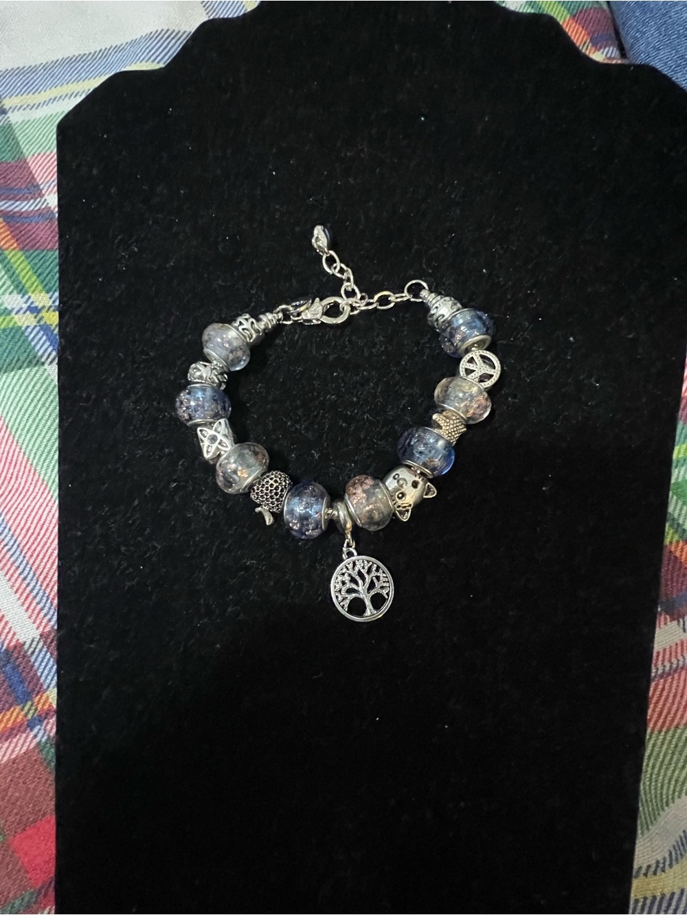 Murano Blue Marbled Glass Charm Bracelet with Tree of Life Pendant